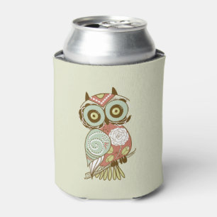 Colourful Pastel Tones Retro Floral Owl Can Cooler
