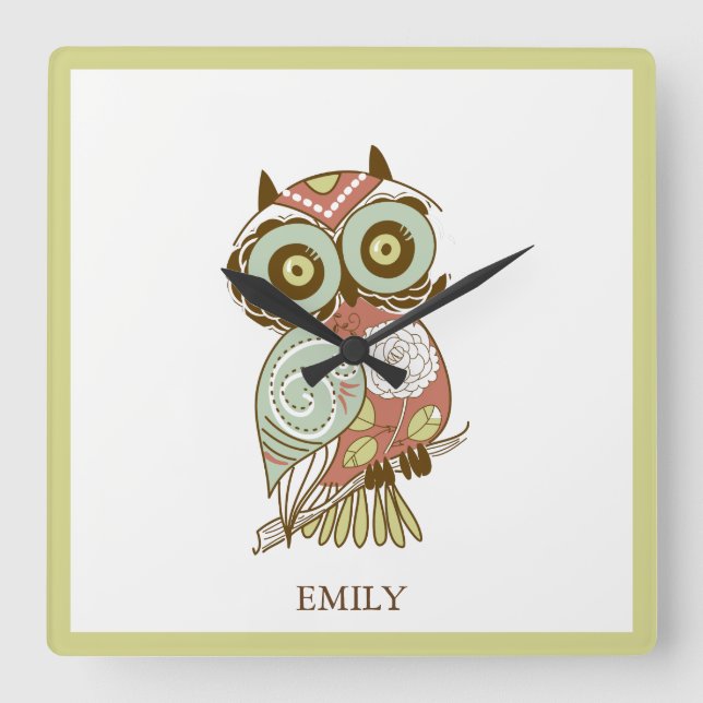 Colourful Pastel Tones Retro Floral Owl Square Wall Clock (Front)