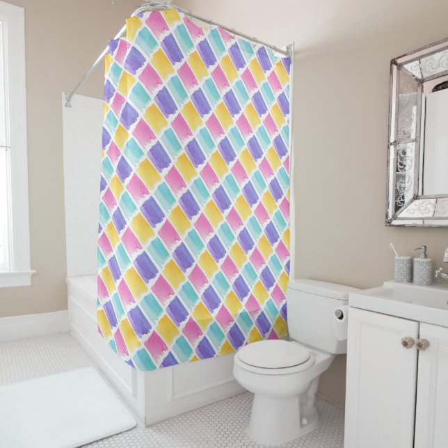 Colourful Pastel Watercolor Brush Strokes Pattern Shower Curtain (In Situ)