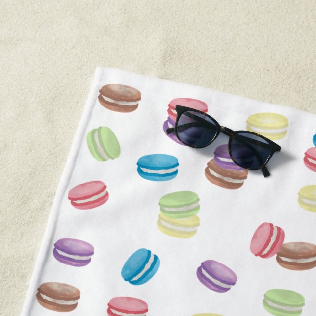 Colourful Pastel Watercolor French Macarons  Beach Towel (In Situ)