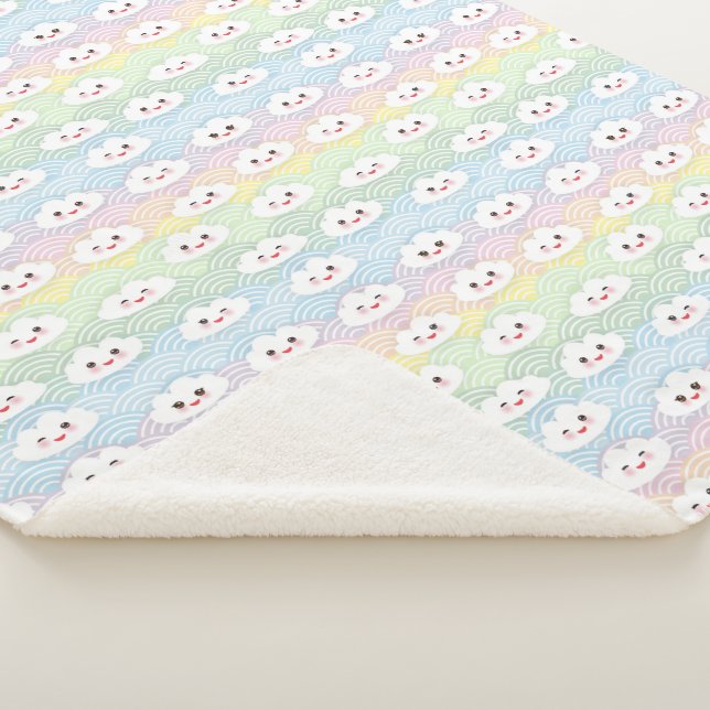 Colourful Pastel Waves Kawaii Emoji Clouds Pattern Sherpa Blanket (3/4)