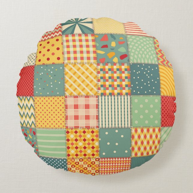 Colourful patchwork: abstract seamless ornaments. round cushion (Front)