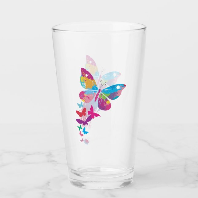 Colourful Patchwork Butterflies Drinking Glass (Front)