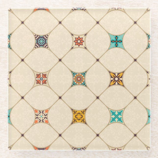 Colourful Patchwork Islam Arabic Tile Glass Coaster (Front)
