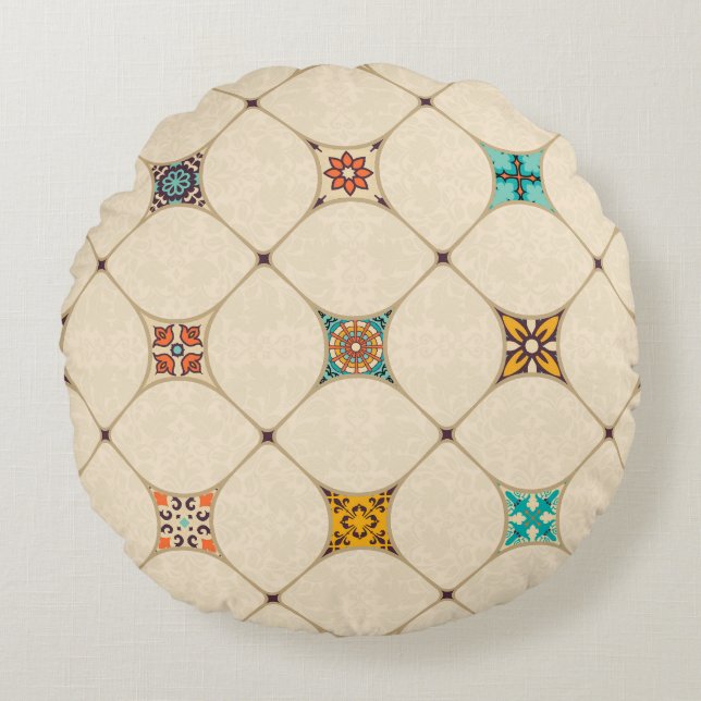 Colourful Patchwork Islam Arabic Tile Round Cushion (Front)