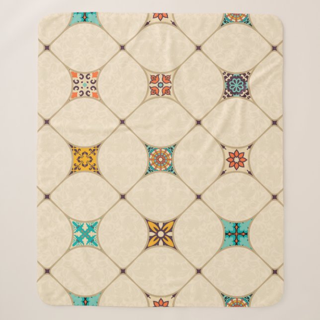 Colourful Patchwork Islam Arabic Tile Sherpa Blanket (Front)