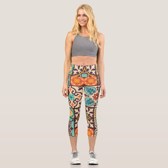 Colourful Patchwork Islam Motifs Tile Capri Leggings (Front)