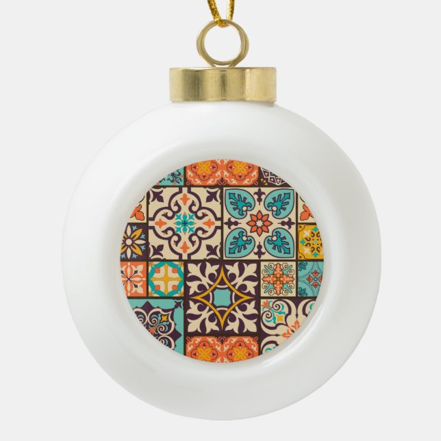 Colourful Patchwork Islam Motifs Tile Ceramic Ball Christmas Ornament (Front)