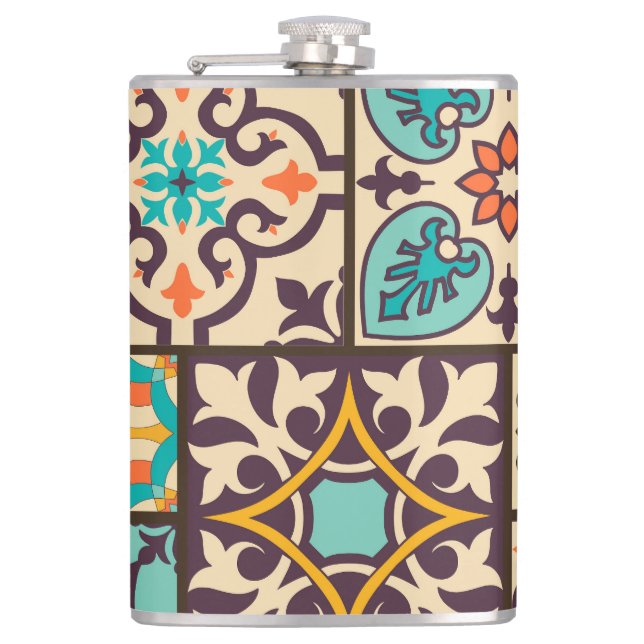 Colourful Patchwork Islam Motifs Tile Hip Flask (Front)