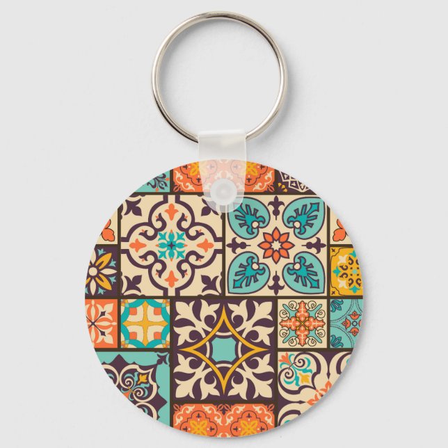 Colourful Patchwork Islam Motifs Tile Key Ring (Front)
