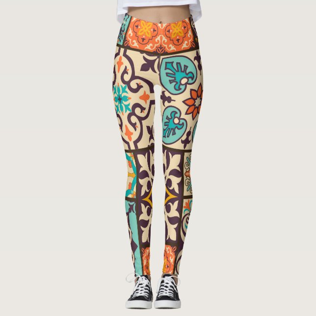 Colourful Patchwork Islam Motifs Tile Leggings (Front)