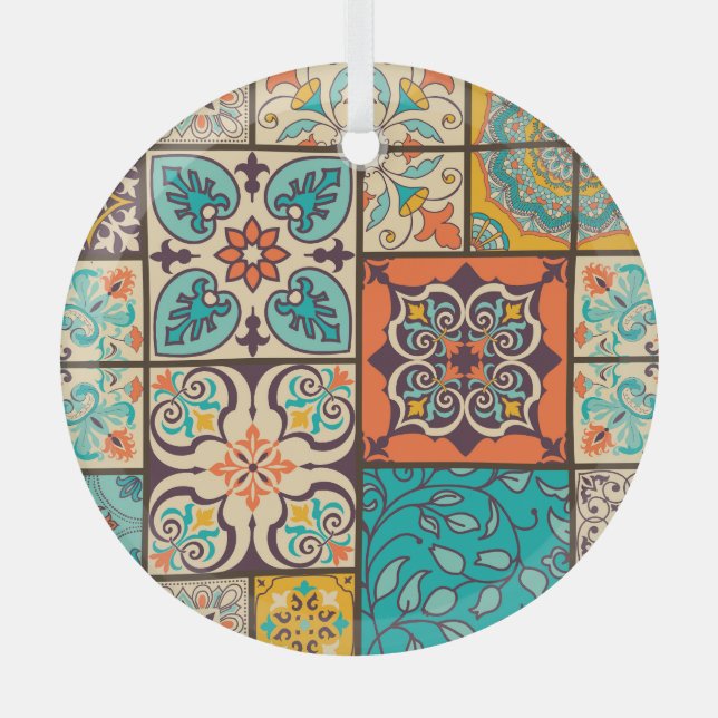 Colourful Patchwork Islamic Majolica Tile Glass Tree Decoration (Front)