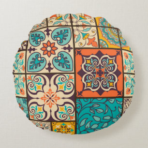 Colourful Patchwork Islamic Majolica Tile Round Cushion