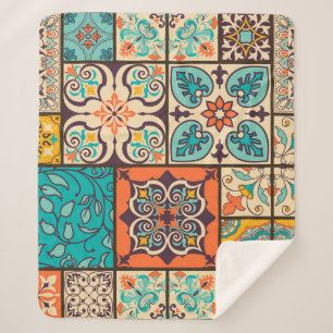 Colourful Patchwork Islamic Majolica Tile Sherpa Blanket