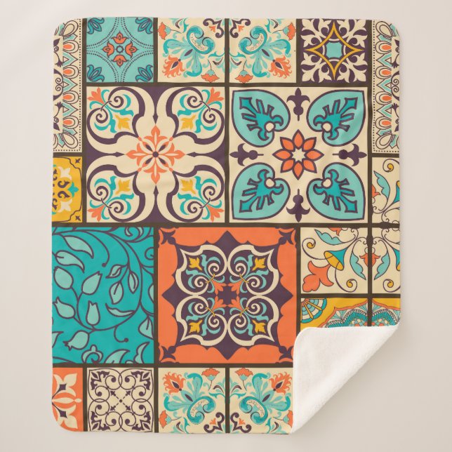 Colourful Patchwork Islamic Majolica Tile Sherpa Blanket (Front)