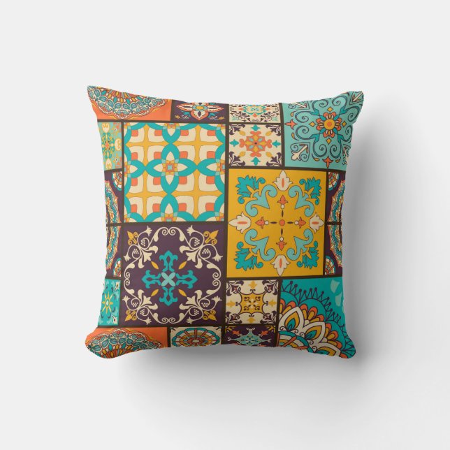 Colourful Patchwork Islamic Tile Seamless Cushion (Front)