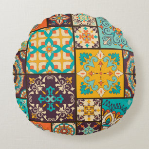 Colourful Patchwork Islamic Tile Seamless Round Cushion
