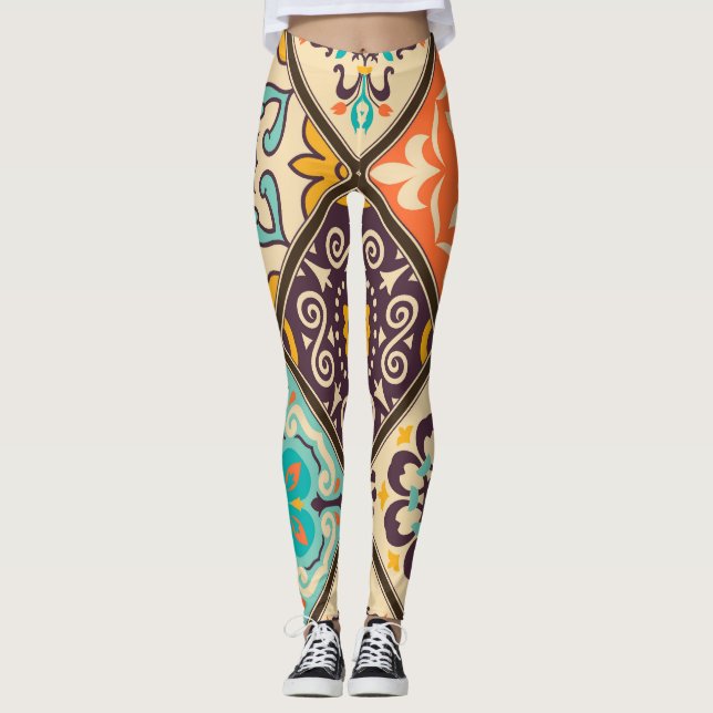 Colourful Patchwork: Majolica Tile Design Leggings (Front)