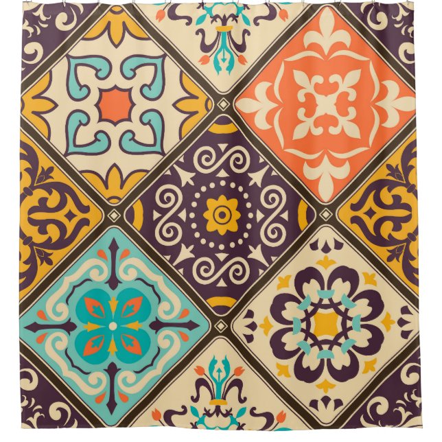 Colourful Patchwork: Majolica Tile Design Shower Curtain (Front)