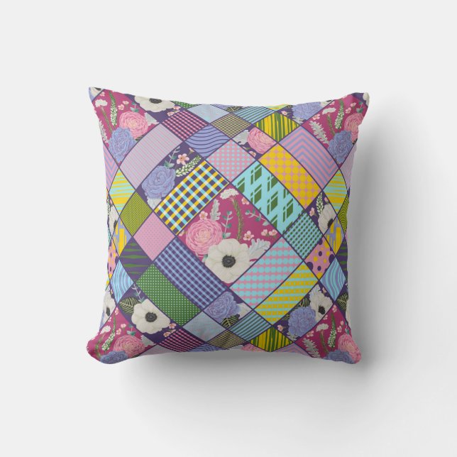 Colourful Patchwork Pattern Geometric Flowers Dots Cushion (Front)