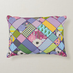 Colourful Patchwork Pattern Geometric Flowers Dots Decorative Cushion