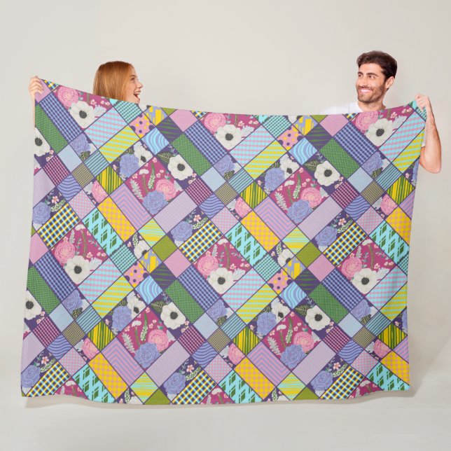 Colourful Patchwork Pattern Geometric Flowers Dots Fleece Blanket (In Situ)