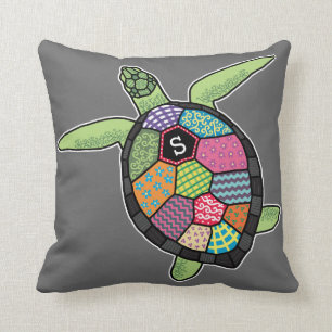 Colourful Patchwork Pattern Monogram Sea Turtle Cushion