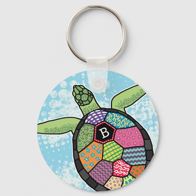 Colourful Patchwork Pattern Monogram Sea Turtle Key Ring (Front)