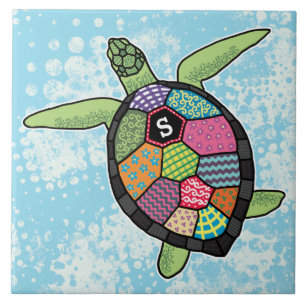 Colourful Patchwork Pattern Monogram Sea Turtle Tile