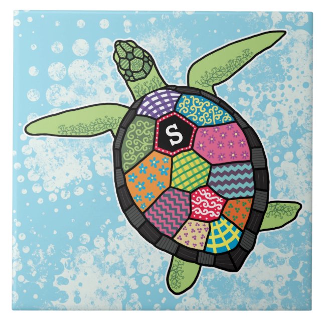 Colourful Patchwork Pattern Monogram Sea Turtle Tile (Front)