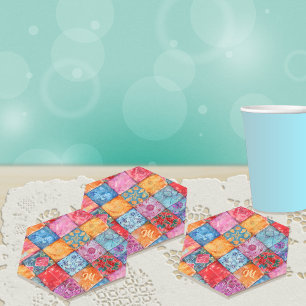 Colourful Patchwork Print Monogram Paper Coaster