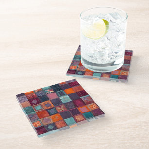 Colourful Patchwork Quilt Art Glass Coaster
