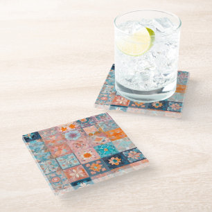 Colourful Patchwork Quilt Art Glass Coaster