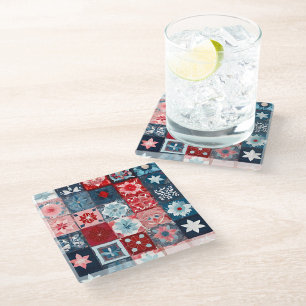Colourful Patchwork Quilt Art Glass Coaster