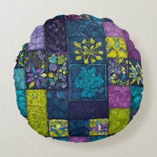 Colourful Patchwork Quilt Art Round Throw Pillow