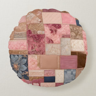 Colourful Patchwork Quilt Art Round Throw Pillow
