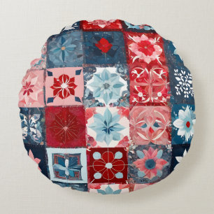 Colourful Patchwork Quilt Art Round Throw Pillow