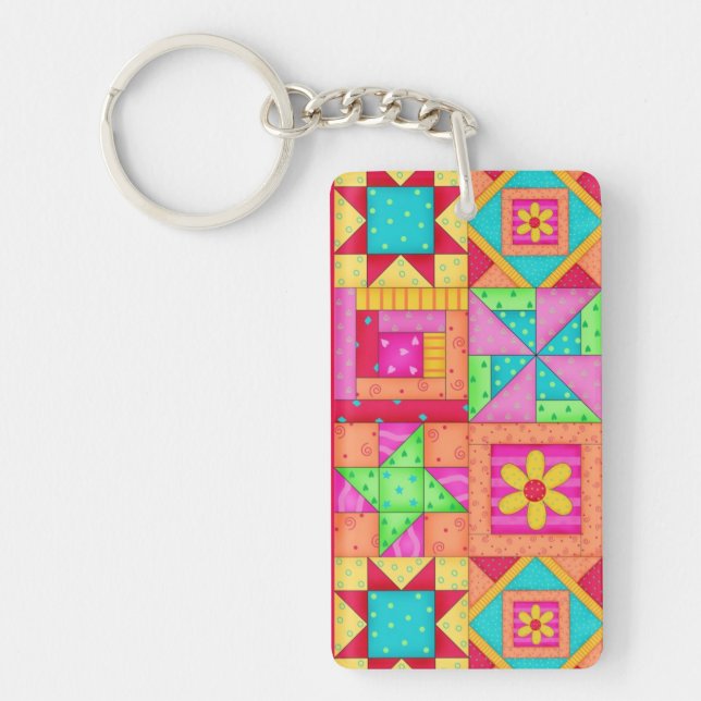Colourful Patchwork Quilt Blocks Art Key Ring (Front)