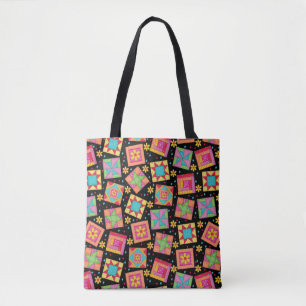Colourful Patchwork Quilt Blocks Black Tote Bag