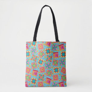 Colourful Patchwork Quilt Blocks Turquoise Blue Tote Bag