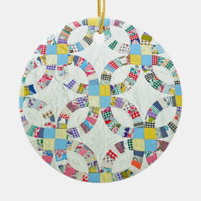 Colourful patchwork quilt ceramic tree decoration (Front)