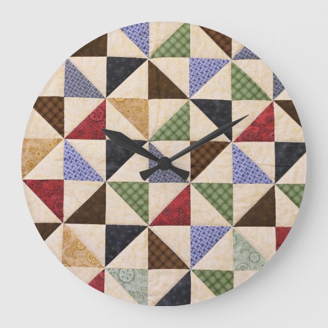 Colourful Patchwork Quilt: Flower Texture. Large Clock (Front)