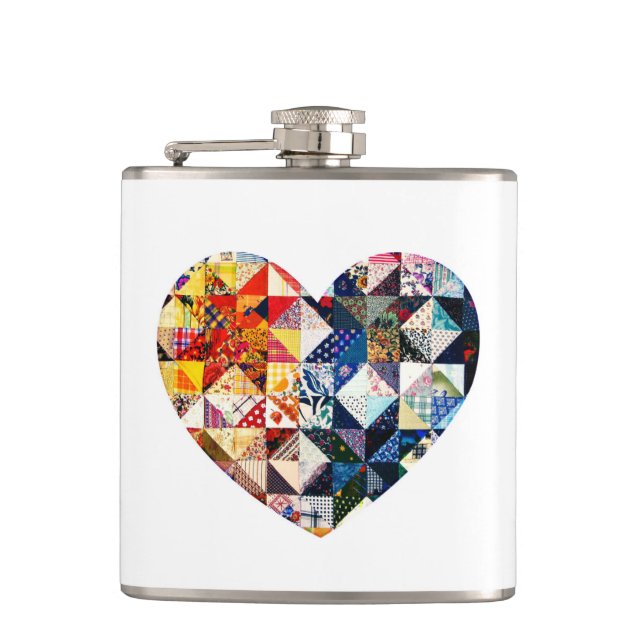 Colourful Patchwork Quilt Heart Hip Flask (Front)