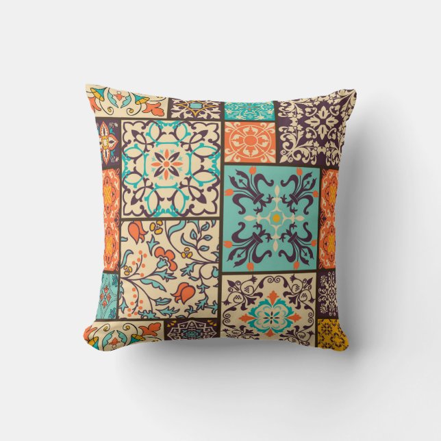 Colourful Patchwork Tile: Islamic Majolica Motifs Cushion (Front)
