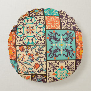 Colourful Patchwork Tile: Islamic Majolica Motifs Round Cushion