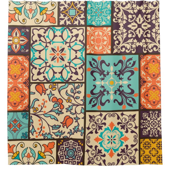Colourful Patchwork Tile: Islamic Majolica Motifs Shower Curtain (Front)