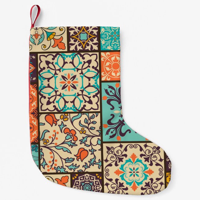 Colourful Patchwork Tile: Islamic Majolica Motifs Small Christmas Stocking (Front)