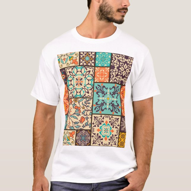 Colourful Patchwork Tile: Islamic Majolica Motifs T-Shirt (Front)