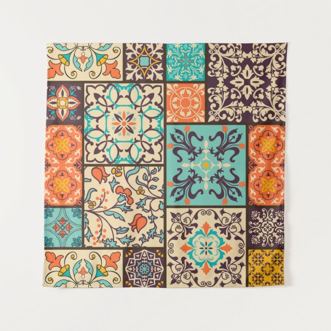 Colourful Patchwork Tile: Islamic Majolica Motifs Tapestry (Front)