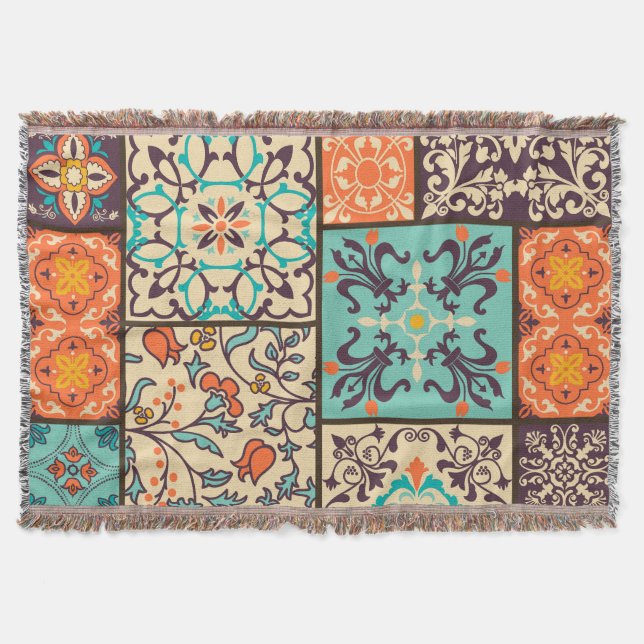 Colourful Patchwork Tile: Islamic Majolica Motifs Throw Blanket (Front)